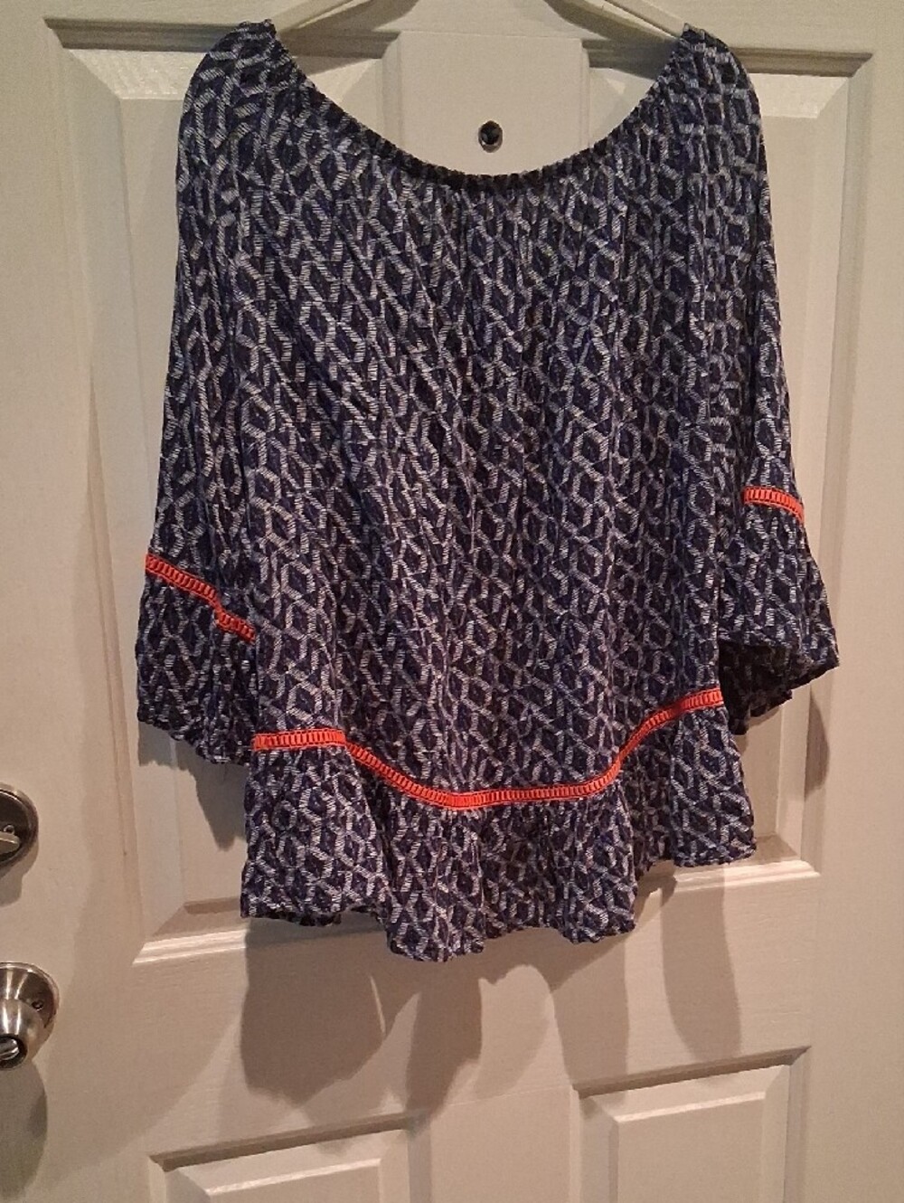 Democracy Blue Patterned Blouse with Orange Trim - Picture 8 of 9